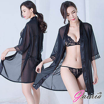 【Gaoria】 輕撫觸摸 三件套裝 蕾絲性感睡衣 黑